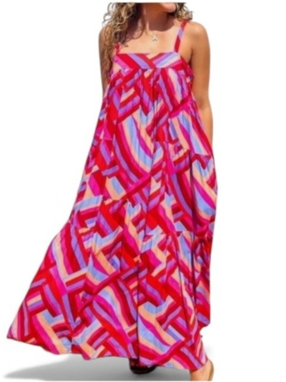 Vibrant Pink Geometric Strap Maxi Dress